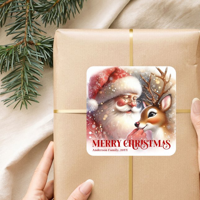 Santa and Rudolph Custom Christmas Party Favor  Square Sticker (Santa and Rudolph Custom Christmas Party Favor Sticker)