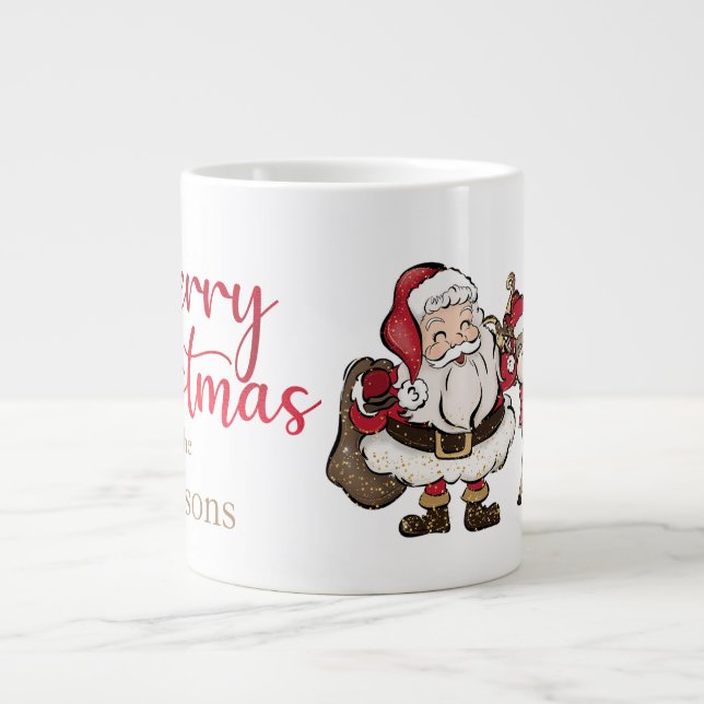 Santa and Rudolph Custom Name Christmas Giant Coffee Mug (Front)