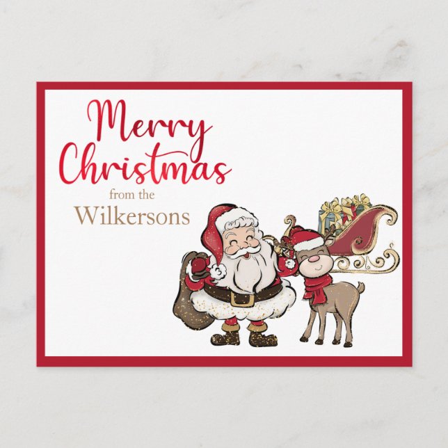 Santa and Rudolph Custom Name Christmas Holiday Postcard (Front)