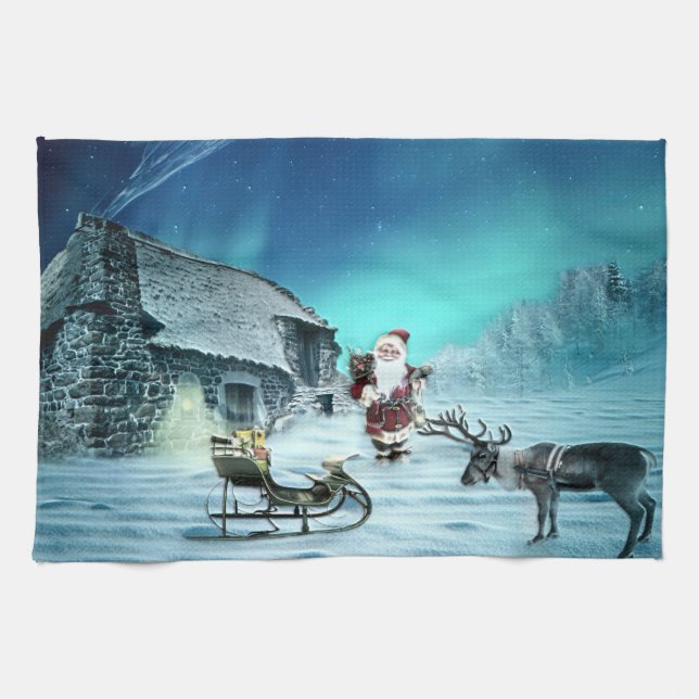 Santa and Rudolph with Sled Kitchen Towel (Horizontal)