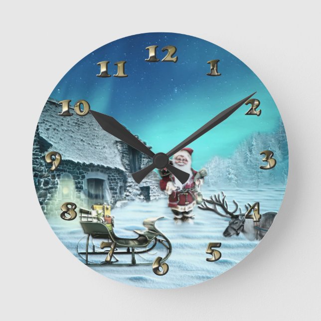 Santa and Rudolph with Sled Round Clock (Front)