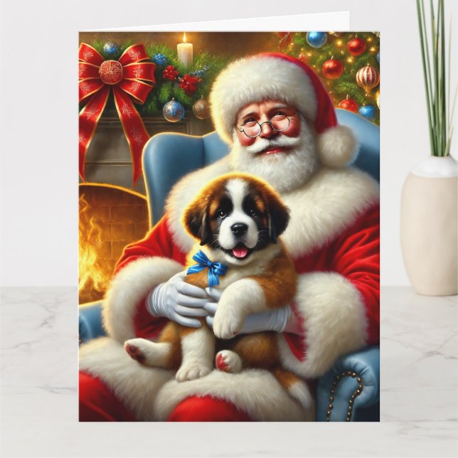 Santa and Saint Bernard Puppy with Blue Bow Card (Front)