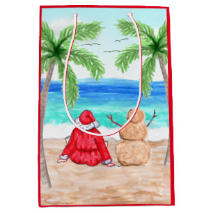 Santa and Sand Snowman on Beach Christmas Medium Gift Bag