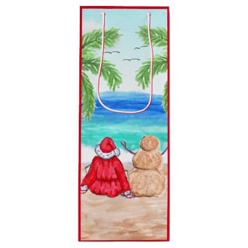 Santa and Sand Snowman on Beach Christmas Wine Gift Bag