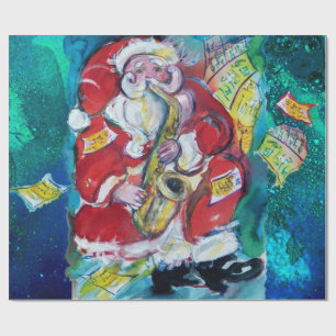 SANTA AND SAX, CHRISTMAS PARTY Night Blue Wrapping Paper