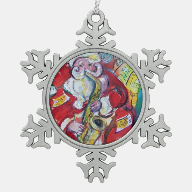 SANTA AND SAX, CHRISTMAS PARTY SNOWFLAKE PEWTER CHRISTMAS ORNAMENT (Front)