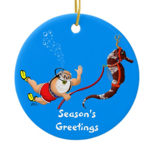 Santa and Seahorse Ornament (blue)