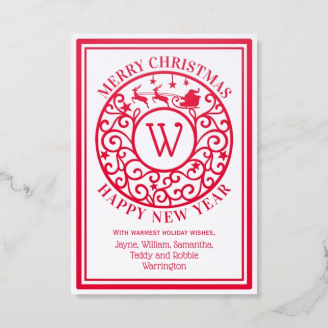 Santa and Sleigh Lacy Filigree Christmas Holiday Letterpress Photo Cards (Front)