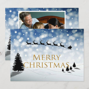 Santa and Sleigh silhouette Snow scene Personalize Holiday Card