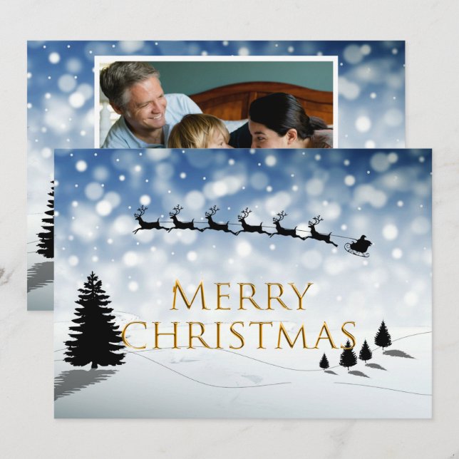 Santa and Sleigh silhouette Snow scene Personalize Holiday Card (Front/Back)