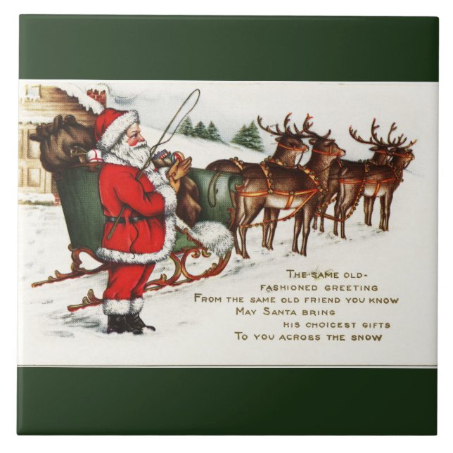 Santa and Sleigh with Reindeer Green Ceramic Tile (Front)