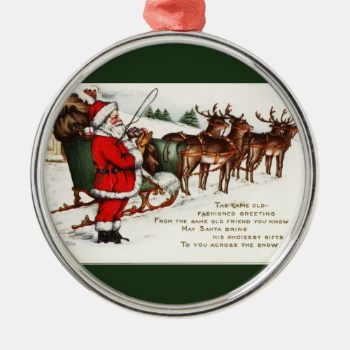 Santa and Sleigh with Reindeer Green Metal Ornament