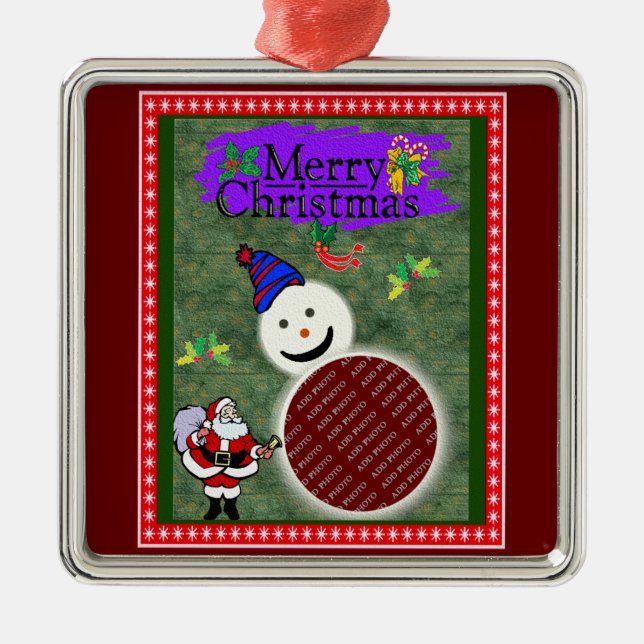 Santa and Snowman Add Your Photo Chrismas Metal Ornament (Front)