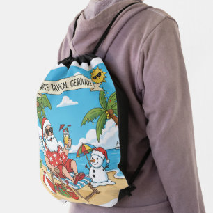 Santa and Snowman at the Beach Drawstring Bag