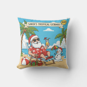 Santa and Snowman at the Beach Throw Pillow
