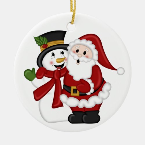 Santa And Snowman  Ceramic Ornament