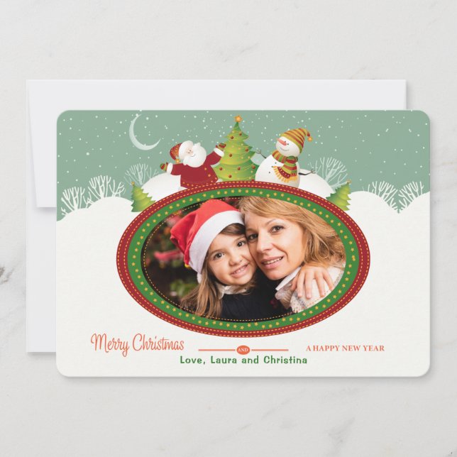 Santa and Snowman Photo Frame Flat Holiday Card (Front)