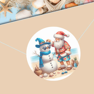 Santa and Snowman Tropical Island Christmas Classic Round Sticker