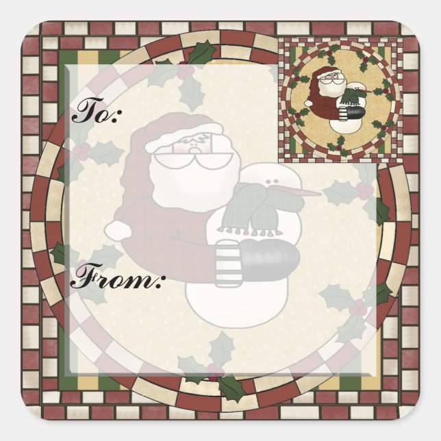 Santa and Snowmen Christmas Gift Tag Sticker (Front)