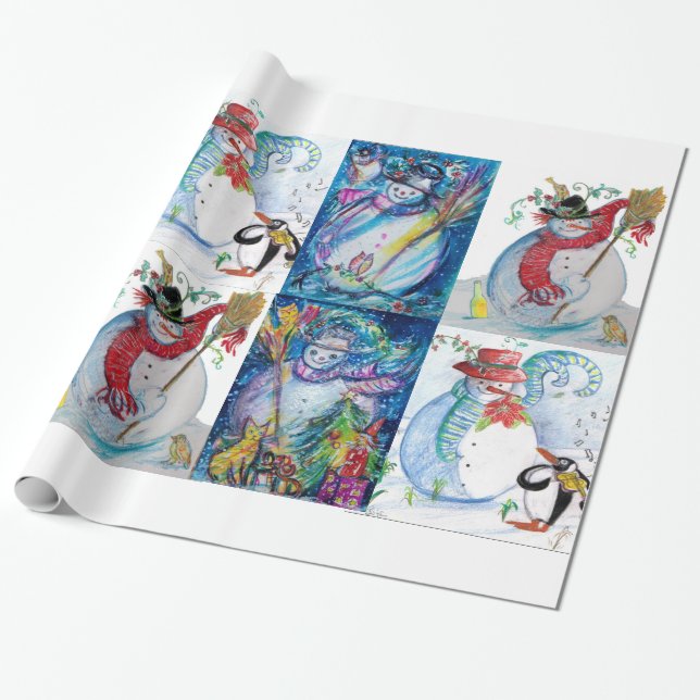 SANTA AND SNOWMEN CHRISTMAS  PARTY WRAPPING PAPER (Unrolled)