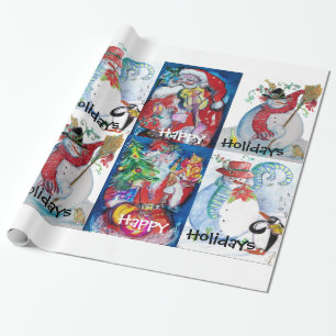 SANTA AND SNOWMEN HAPPY CHRISTMAS HOLIDAYS WRAPPING PAPER