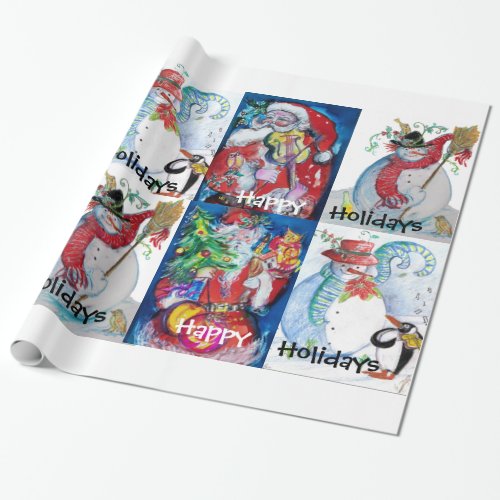 SANTA AND SNOWMEN HAPPY CHRISTMAS HOLIDAYS WRAPPING PAPER