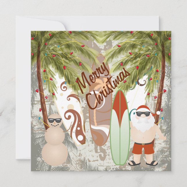 Santa and Surfboard Beach Merry Christmas Greeting Holiday Card (Front)