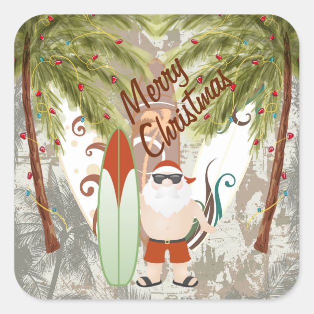 Santa And Surfboard Merry Christmas Beach Square Sticker