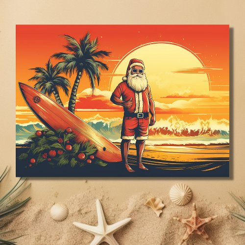 Santa and Surfboard Retro Surfing Beach Christmas Holiday Card