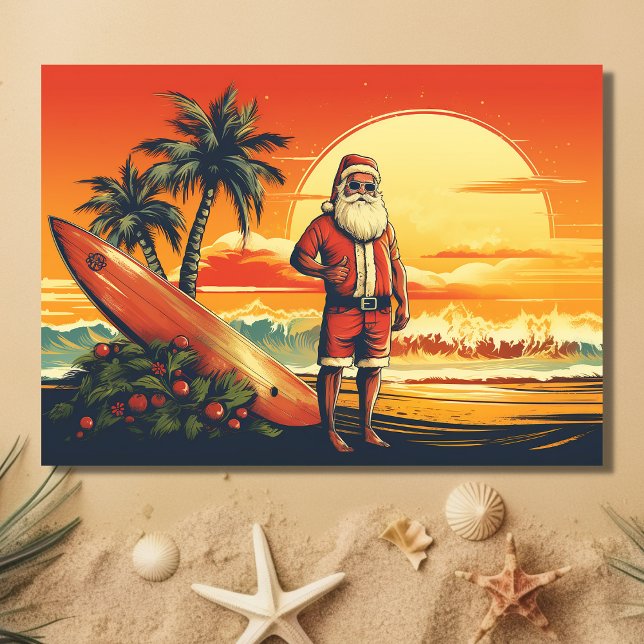 Santa and Surfboard Retro Surfing Beach Christmas Holiday Card (Front - Santa and Surfboard Retro Surfing Beach Christmas Holiday Card)