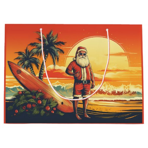 Santa and Surfboard Retro Surfing Beach Christmas Large Gift Bag