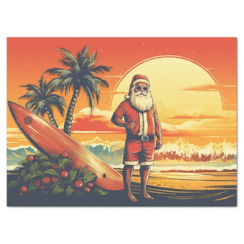 Santa and Surfboard Retro Surfing Beach Christmas Tissue Paper