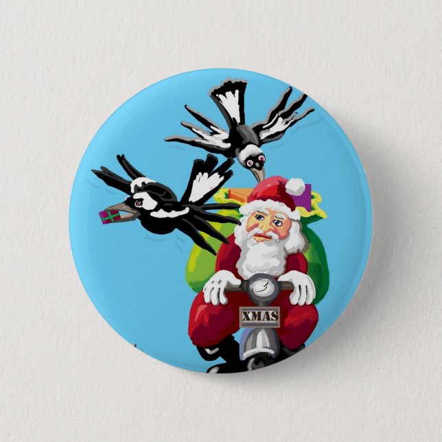 Santa and the magpies pinback button (Front)