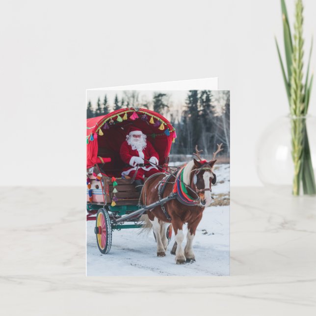 Santa and the Pinto Draft Horse Colorful Wagon Card (Front)