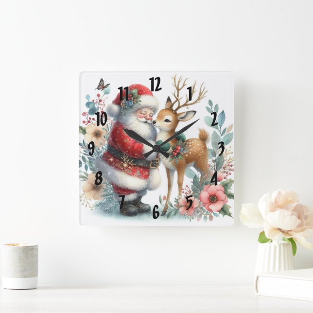 Santa And The Reindeer 6 Square Wall Clock (Home)