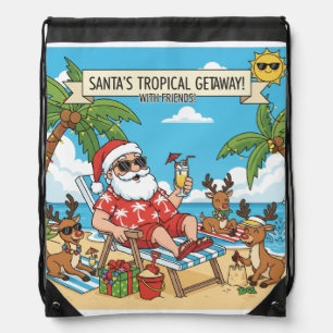 Santa and the Reindeers Tropical Getaway Drawstring Bag