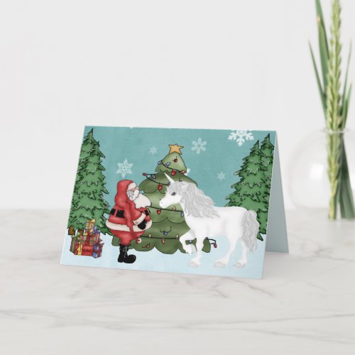 Santa and Unicorn in the Forest Magical Christmas Holiday Card