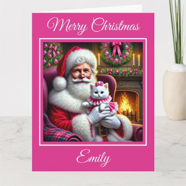 Santa and White Kitten with Pink Bow Card (Front)