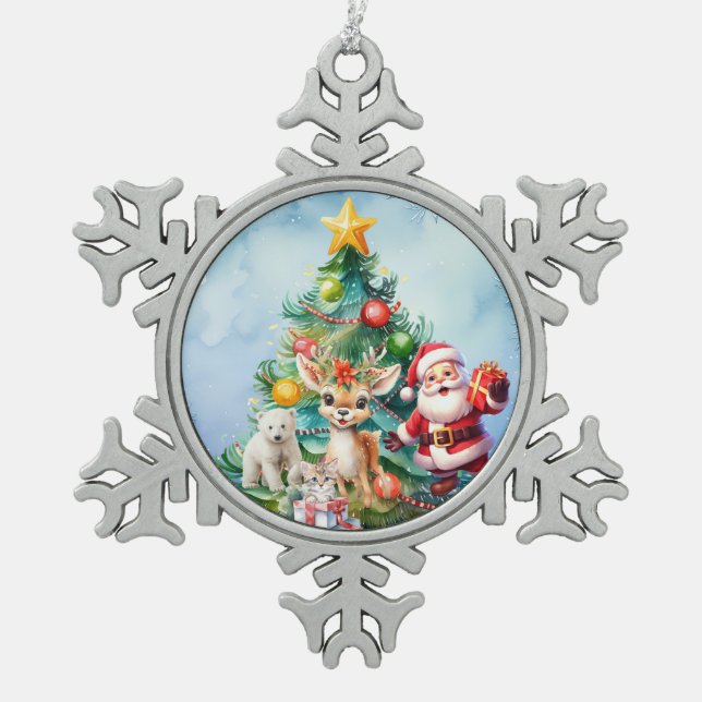 SANTA & ANIMAL FRIENDS PEWTER SNOWFLAKE ORNAMENT (Front)