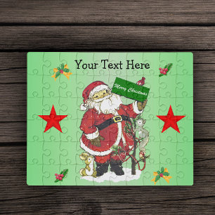 Santa Animal snow Christmas Tree Stars Holly Green Jigsaw Puzzle