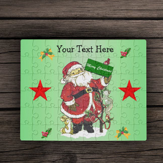 Santa Animal snow Christmas Tree Stars Holly Green Jigsaw Puzzle
