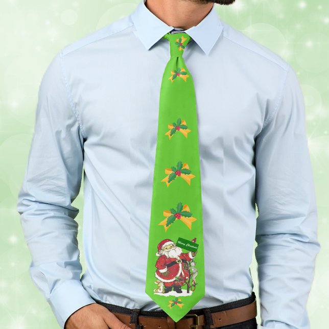 Santa Animals Holly Bow Merry Christmas Neck Tie (Santa Claus with little animals in snow golden bows with holly leaves on green Christmas neck tie.)