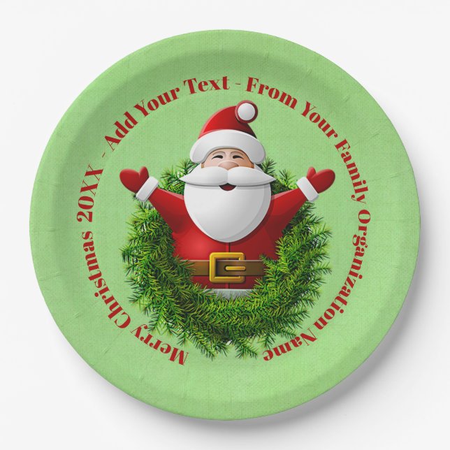 Santa Announcing Your Text Name Year Red Green 9" Paper Plates (Front)