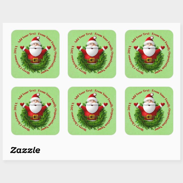 Santa Announcing Your Text Name Year Red Green  Square Sticker (Sheet)