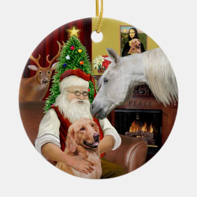 Santa - Arabian Horse and Golden Ceramic Ornament (Front)