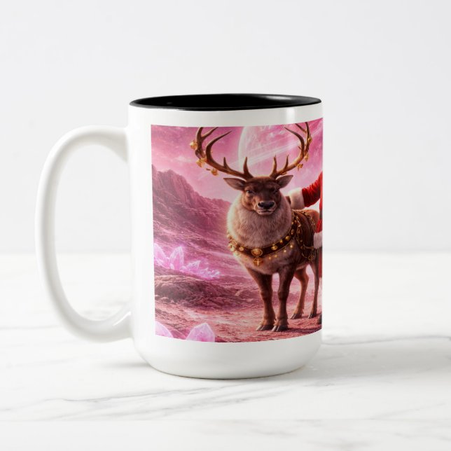 Santa Arrives on Pink Planet Two-Tone Coffee Mug (Left)