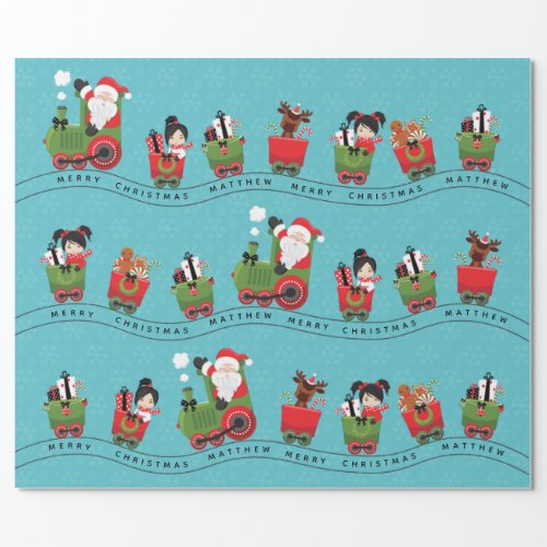 Santa  Asian Girl on Train Wrapping Paper