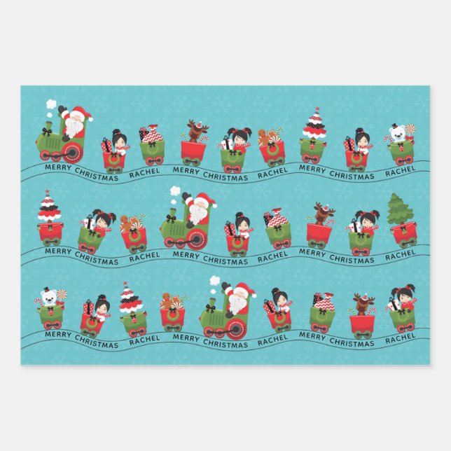 Santa & Asian Girl on Train Wrapping Paper Sheets (Front)