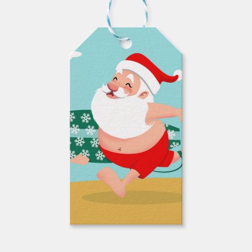 Santa at beach cartoon gift tags