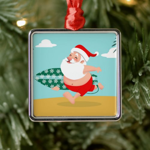 Santa at beach cartoon metal ornament